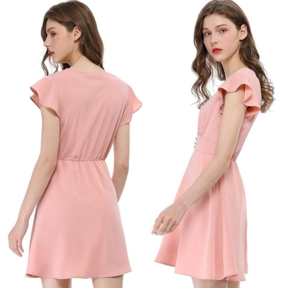 Allegra K NWT Women's V Neck Ruffle‎ Sleeve Button Waist Skater Dress, Medium